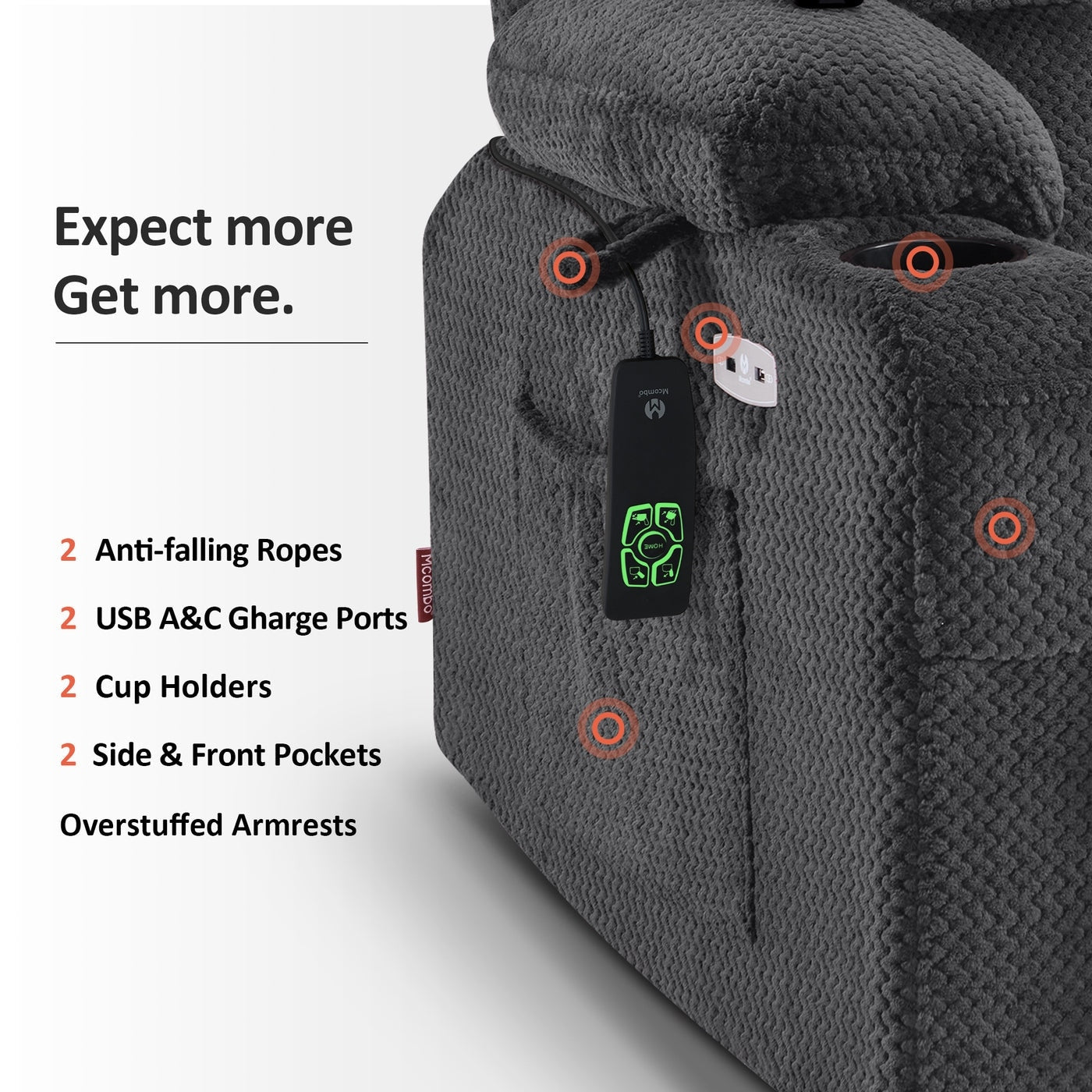 Fauteuil inclinable électrique à double moteur MCombo, petit format, avec massage et chauffage, positions infinies, ports USB, tissu 7893