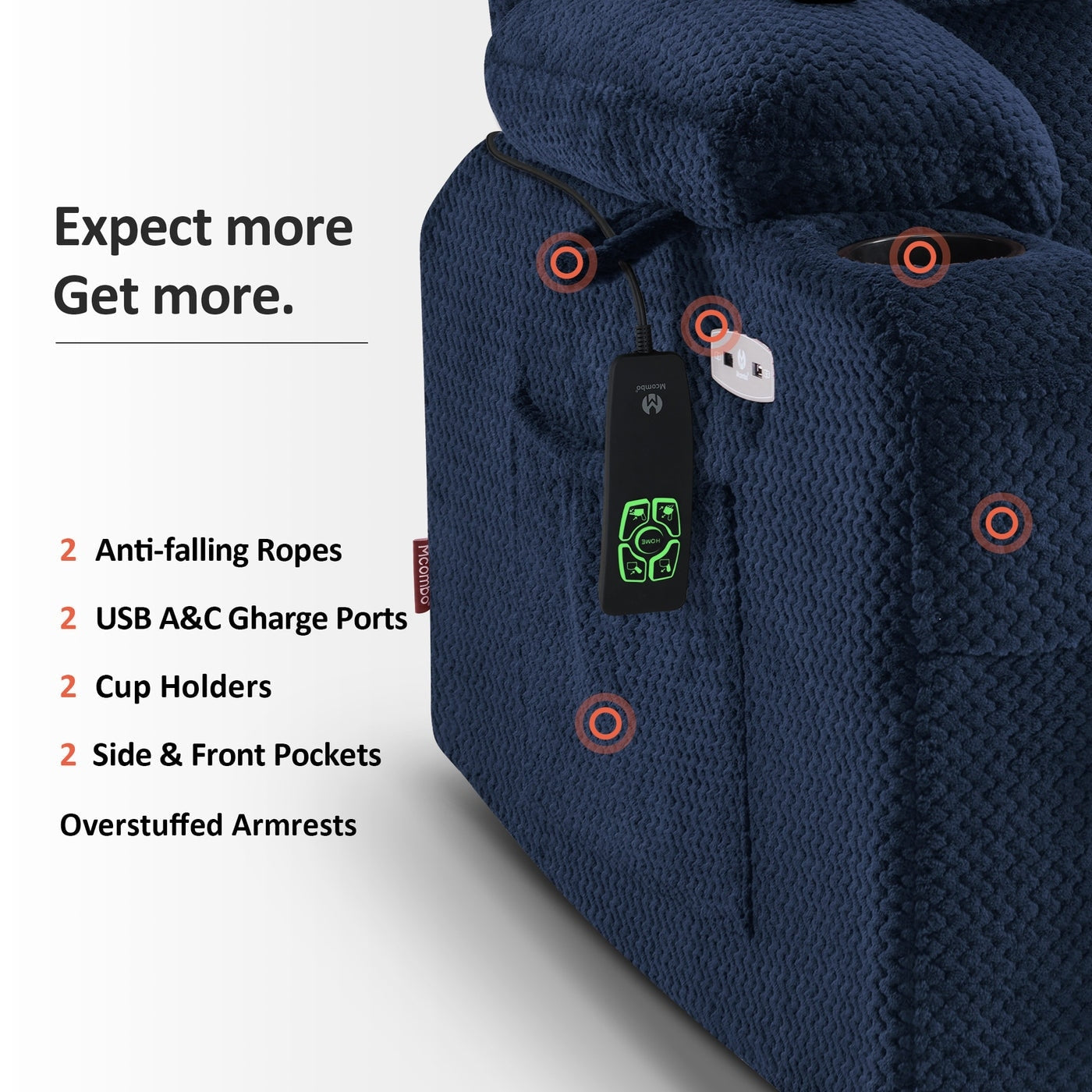 Fauteuil inclinable électrique à double moteur MCombo, petit format, avec massage et chauffage, positions infinies, ports USB, tissu 7893