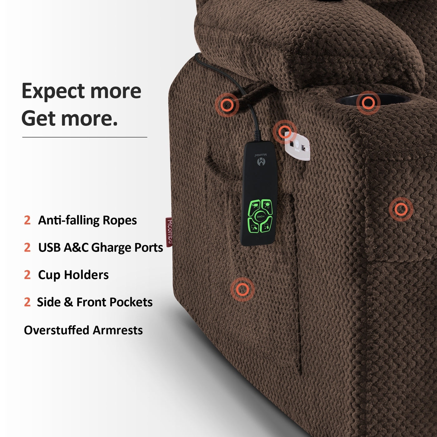 Fauteuil inclinable électrique à double moteur MCombo, petit format, avec massage et chauffage, positions infinies, ports USB, tissu 7893