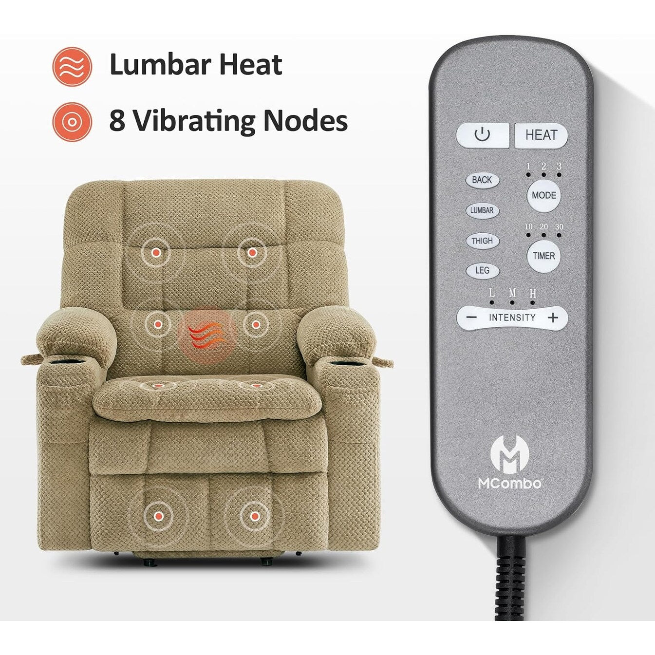 Fauteuil inclinable releveur électrique à double moteur MCombo avec massage et chauffage, positions infinies, tissu R7894 (petit-large)