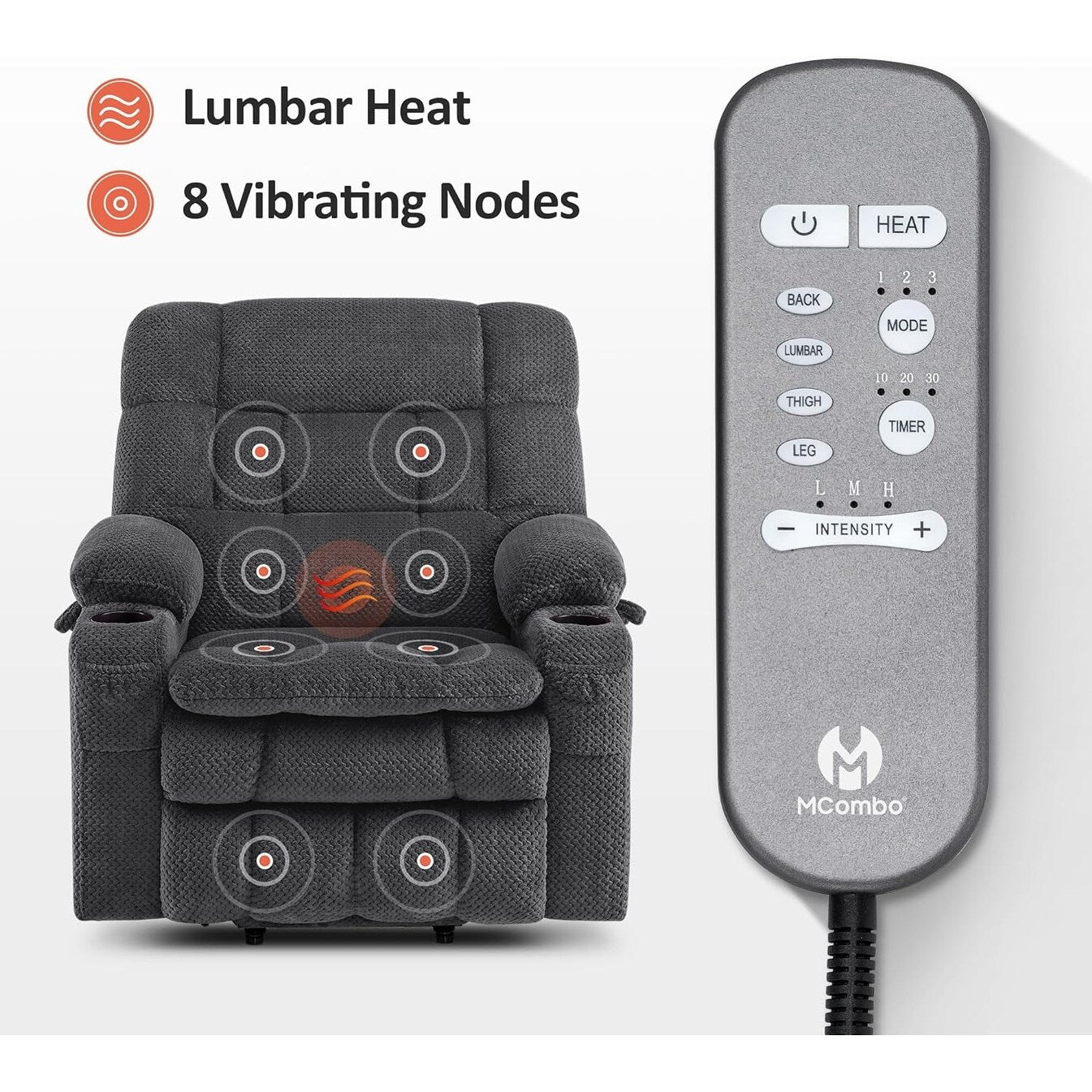 Fauteuil inclinable releveur électrique à double moteur MCombo avec massage et chauffage, positions infinies, tissu R7894 (petit-large)