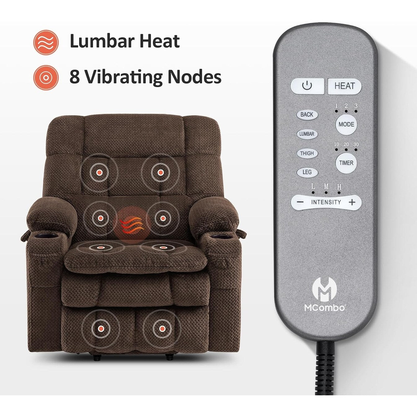 Fauteuil inclinable releveur électrique à double moteur MCombo avec massage et chauffage, positions infinies, tissu R7894 (petit-large)