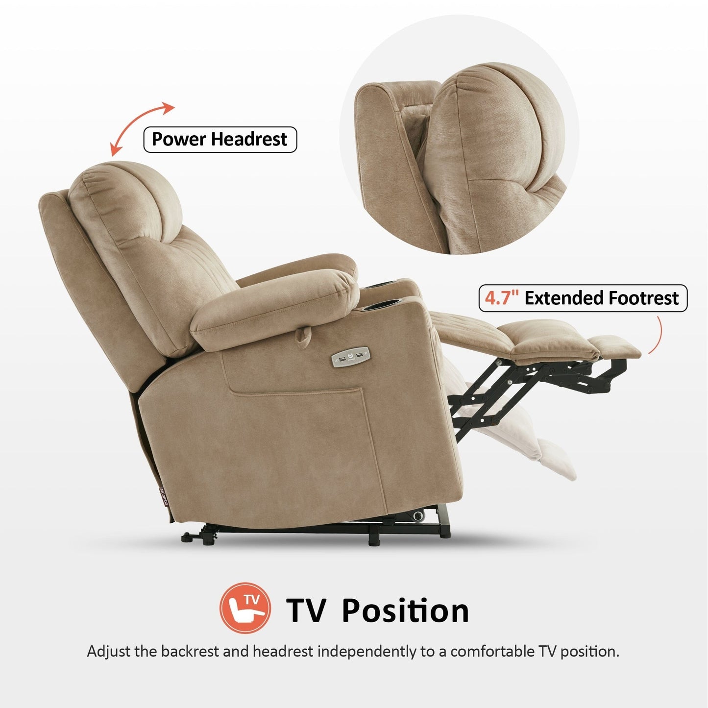 Fauteuil inclinable électrique à double moteur MCombo, petit, avec massage, double chauffage, appui-tête réglable, tissu 7222