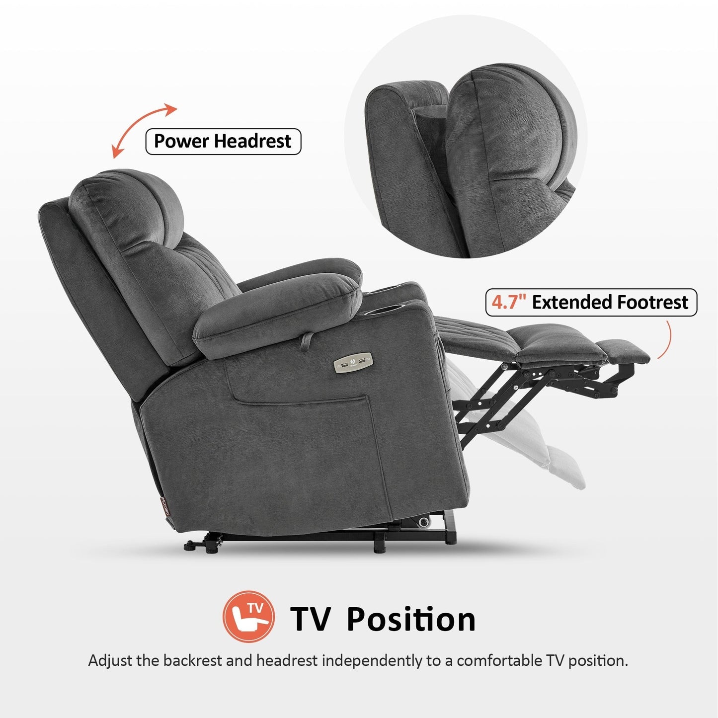 Fauteuil inclinable électrique à double moteur MCombo, petit, avec massage, double chauffage, appui-tête réglable, tissu 7222