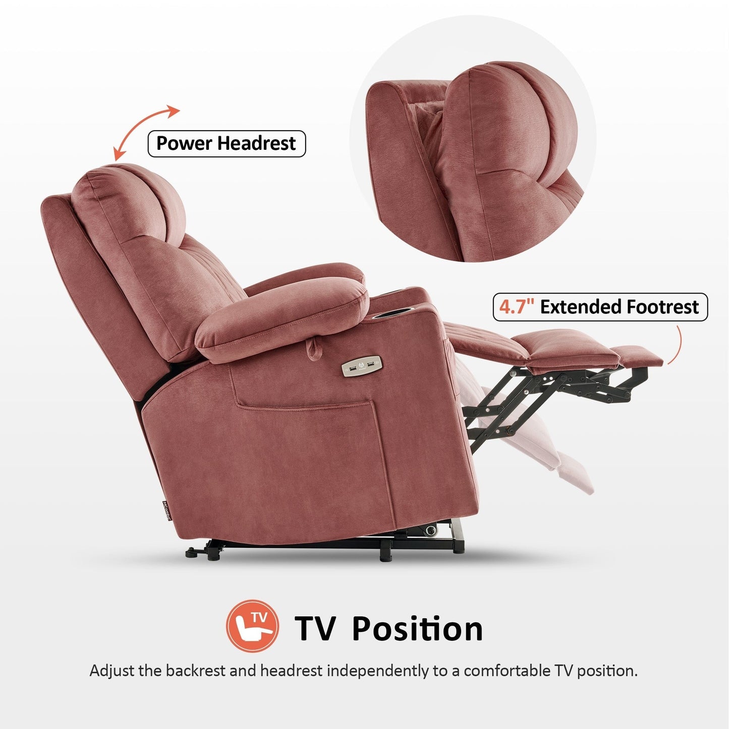 Fauteuil inclinable électrique à double moteur MCombo, petit, avec massage, double chauffage, appui-tête réglable, tissu 7222