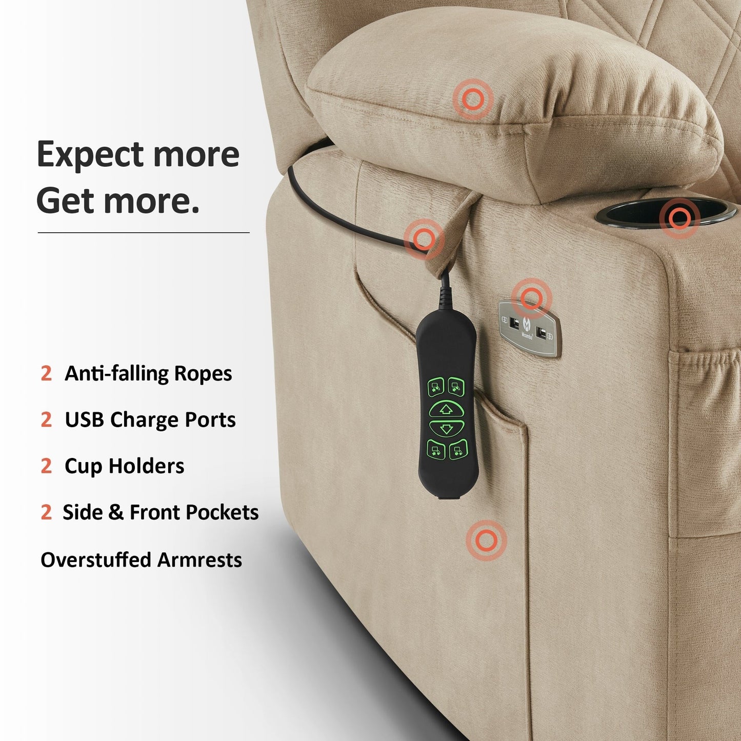 Fauteuil inclinable électrique à double moteur MCombo, petit, avec massage, double chauffage, appui-tête réglable, tissu 7222