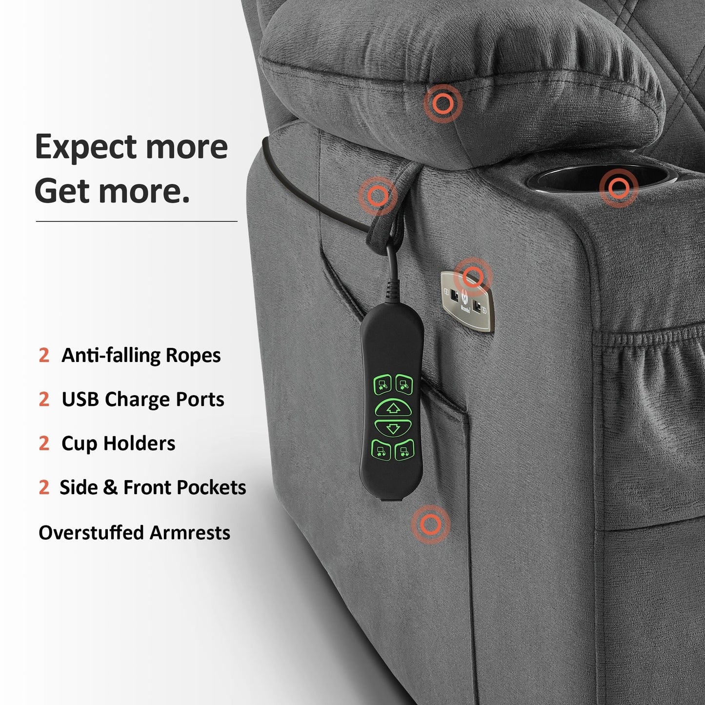 Fauteuil inclinable électrique à double moteur MCombo, petit, avec massage, double chauffage, appui-tête réglable, tissu 7222