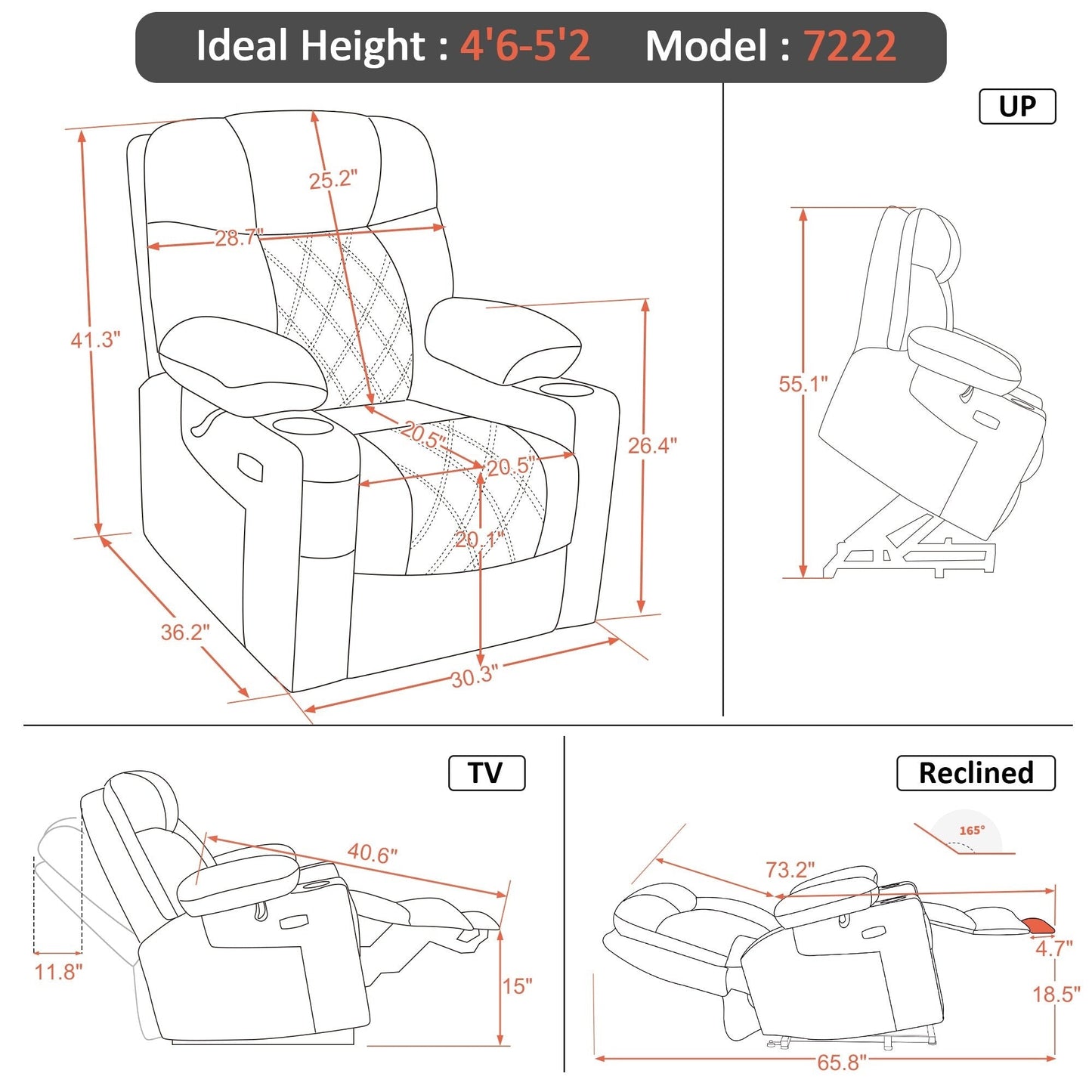 Fauteuil inclinable électrique à double moteur MCombo, petit, avec massage, double chauffage, appui-tête réglable, tissu 7222