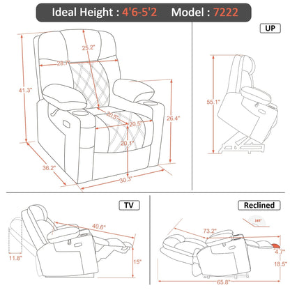Fauteuil inclinable électrique à double moteur MCombo, petit, avec massage, double chauffage, appui-tête réglable, tissu 7222