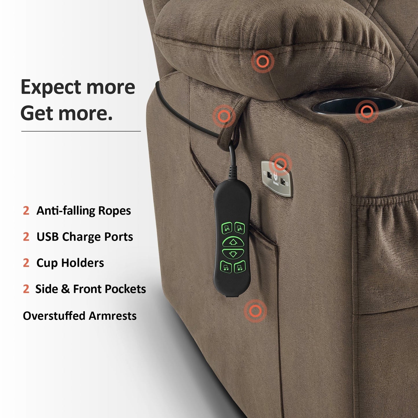 Fauteuil inclinable électrique à double moteur MCombo, petit, avec massage, double chauffage, appui-tête réglable, tissu 7222