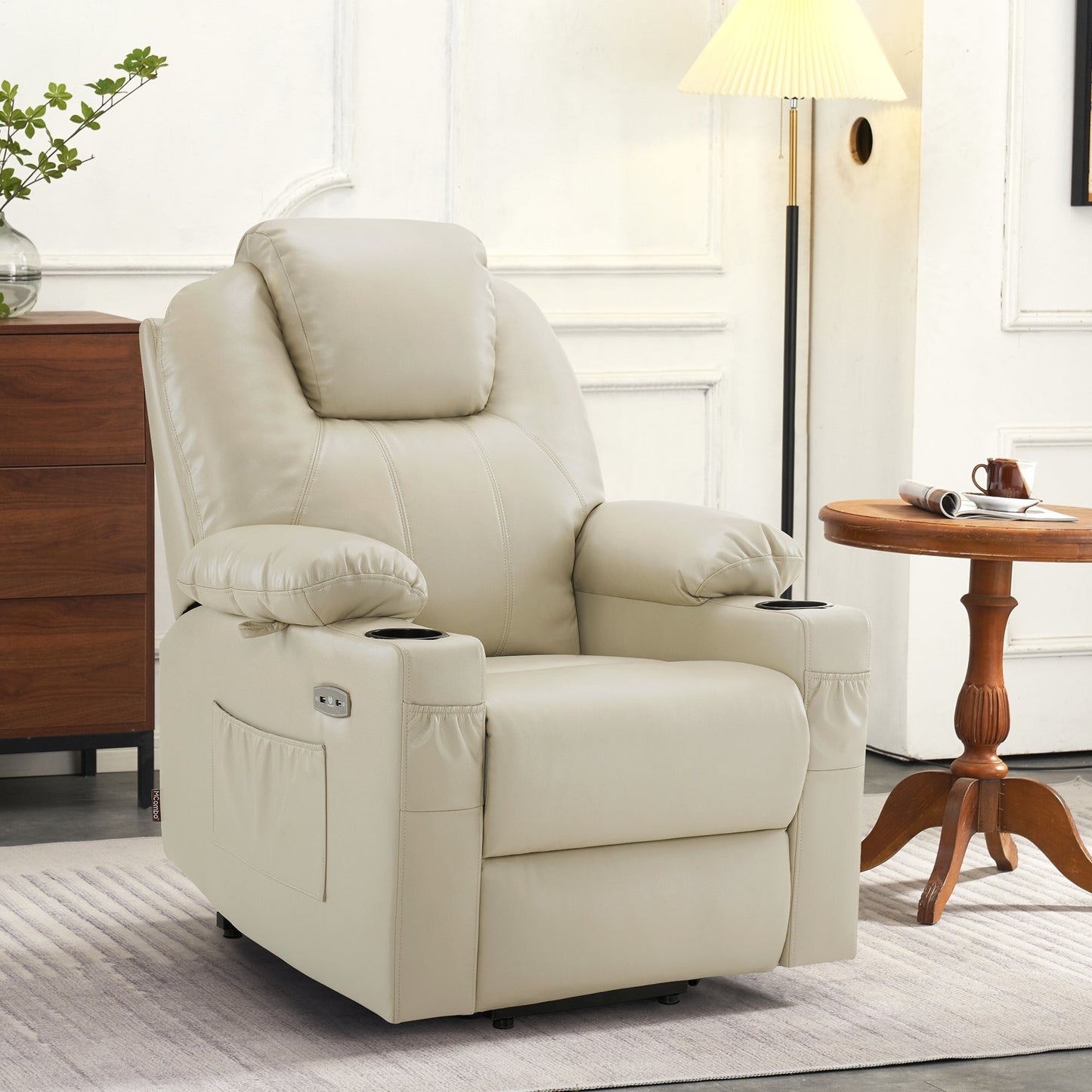Fauteuil inclinable électrique MCombo Small avec massage et chauffage pour personnes âgées, 3 positions et ports USB, similicuir 7141
