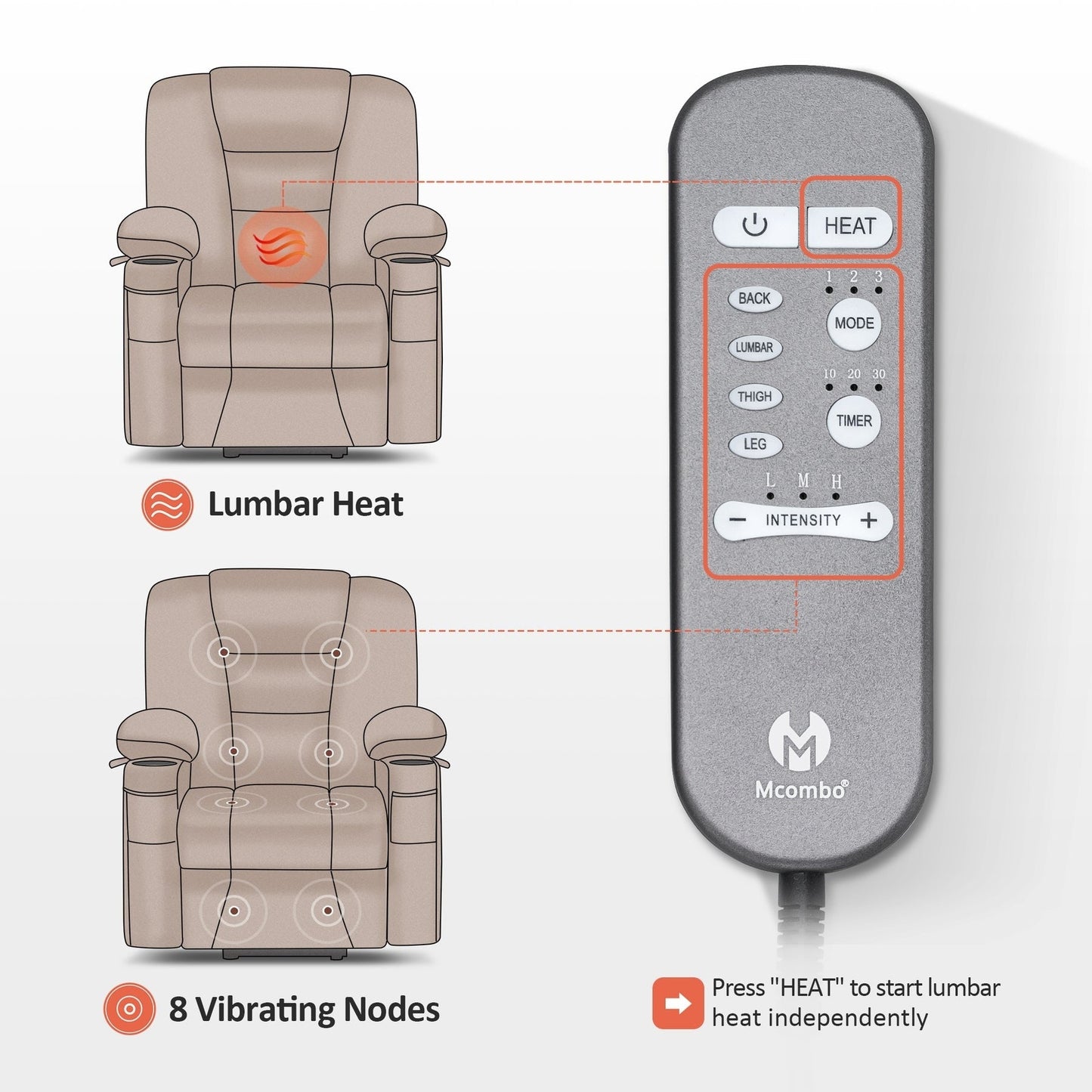 Fauteuil inclinable électrique MCombo Small avec massage et chauffage pour personnes âgées de petite taille, similicuir 7569