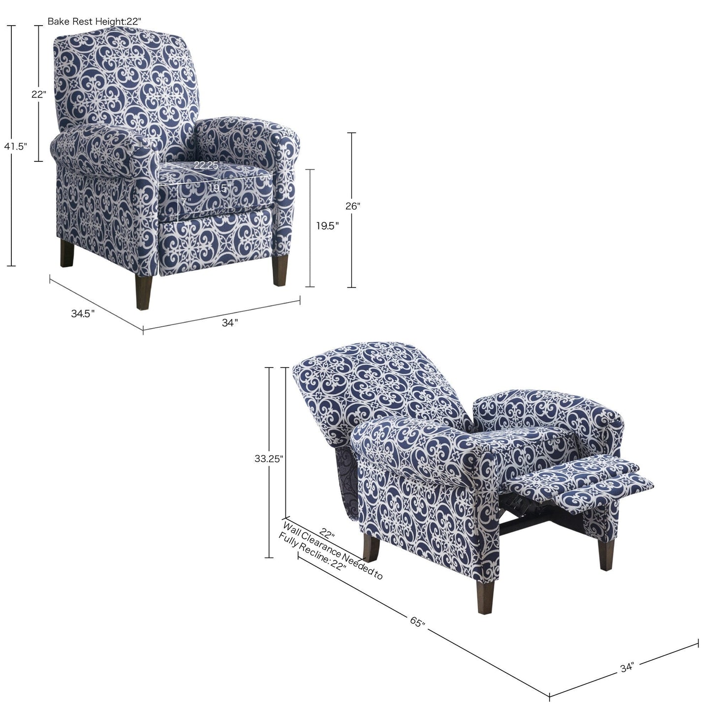 Fauteuil inclinable rembourré en bois massif Oscar de Madison Park avec accoudoirs roulés