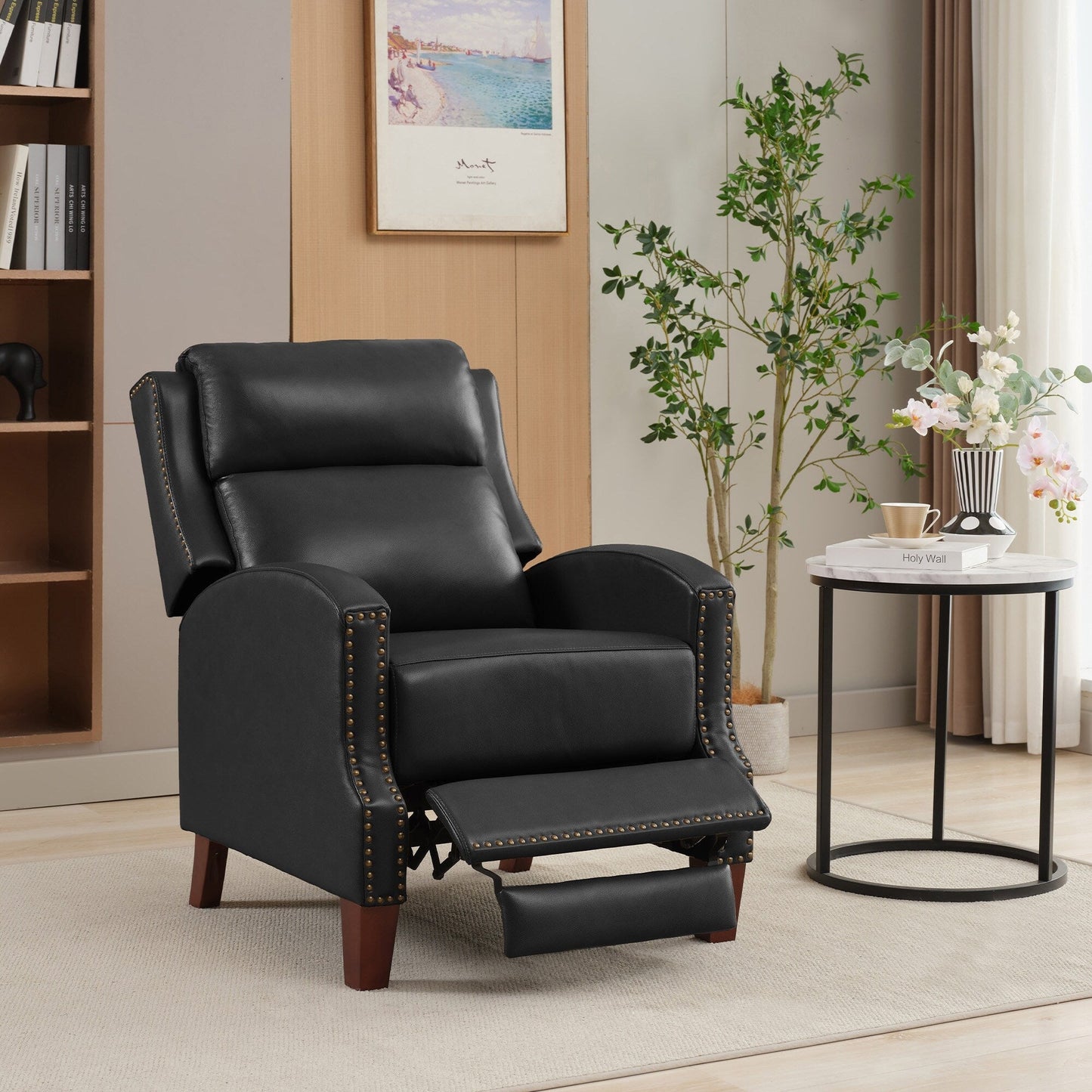 Fauteuil inclinable en cuir véritable avec dossier multi-angles et pieds en bois massif