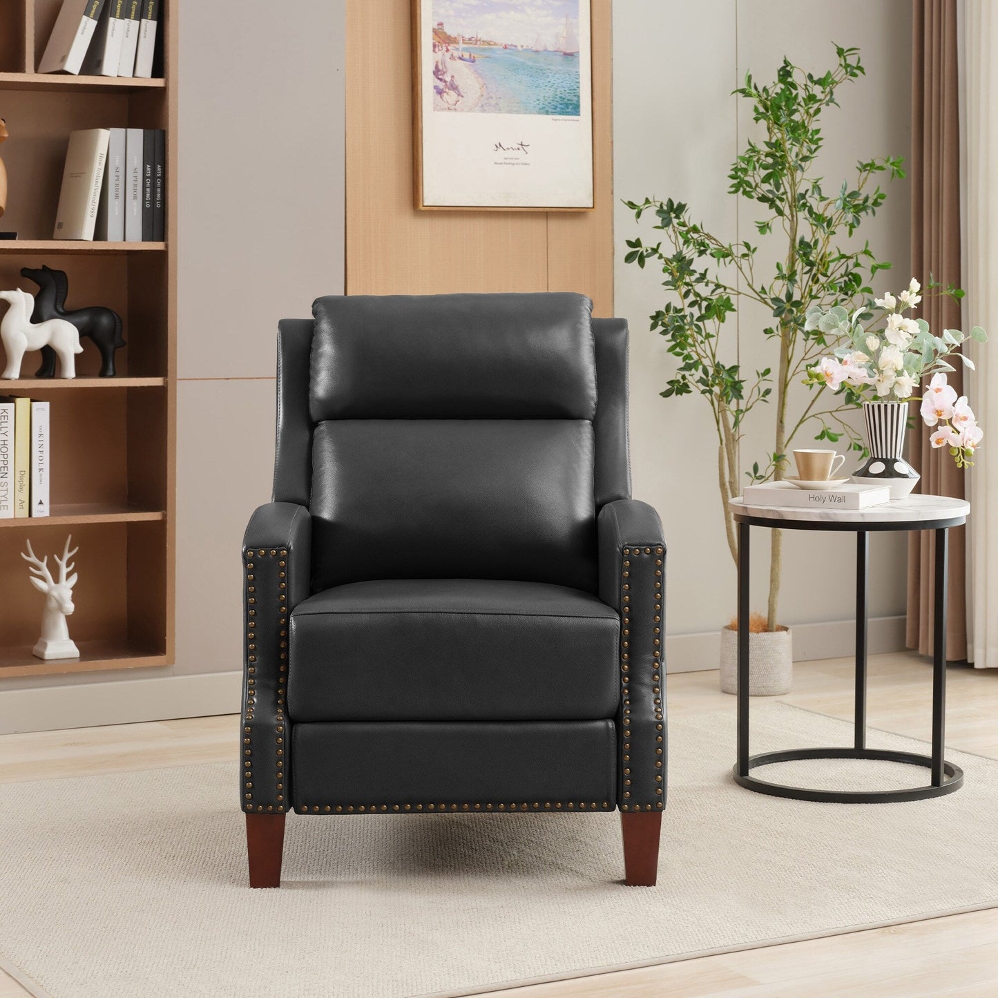 Fauteuil inclinable en cuir véritable avec dossier multi-angles et pieds en bois massif