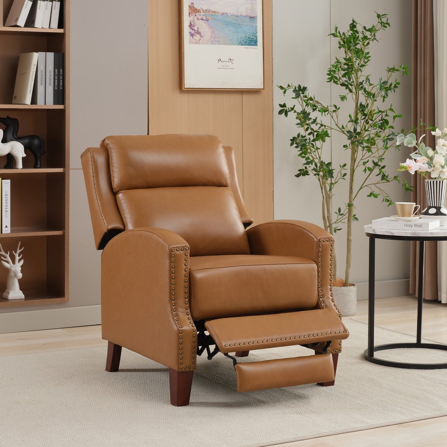 Fauteuil inclinable en cuir véritable avec dossier multi-angles et pieds en bois massif