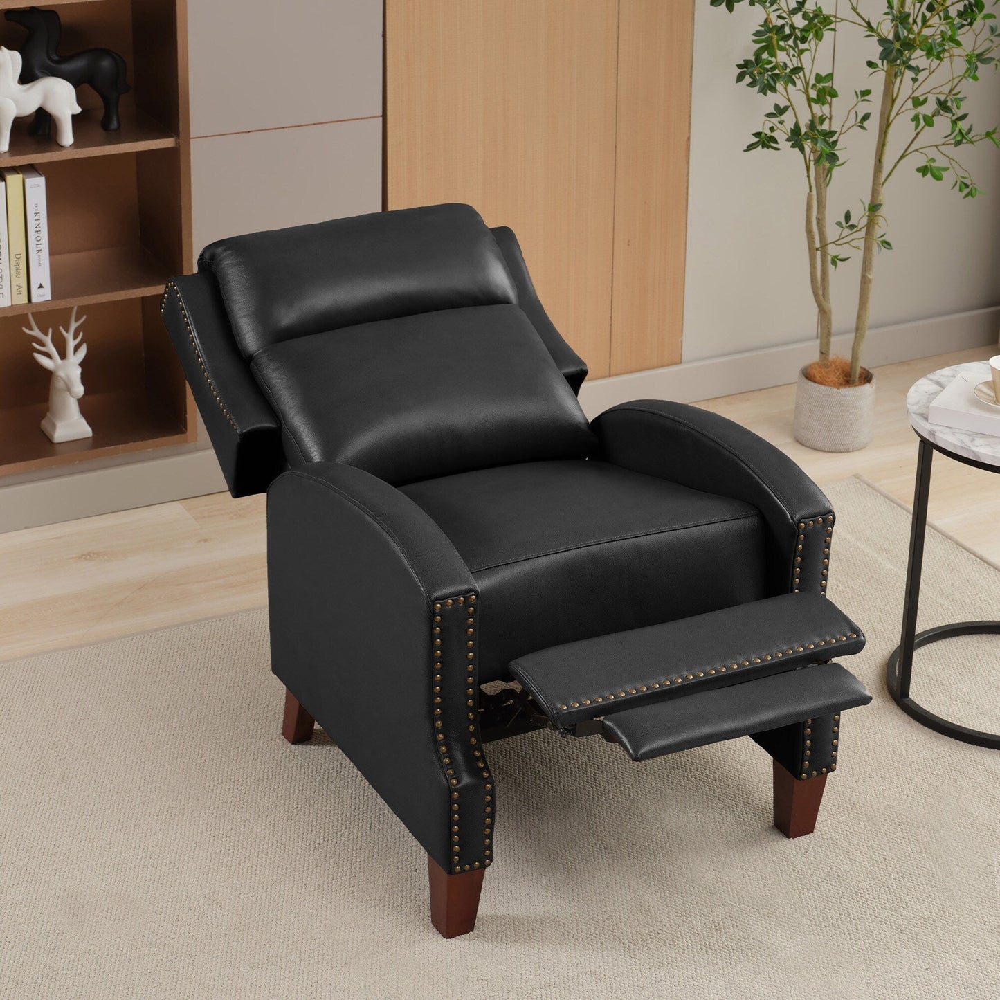 Fauteuil inclinable en cuir véritable avec dossier multi-angles et pieds en bois massif