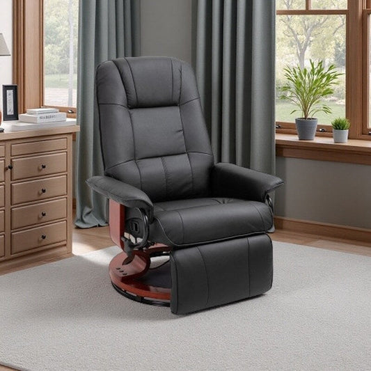 Fauteuil inclinable pivotant manuel en similicuir avec repose-pieds extensible, accoudoirs rembourrés et base en bois enveloppée