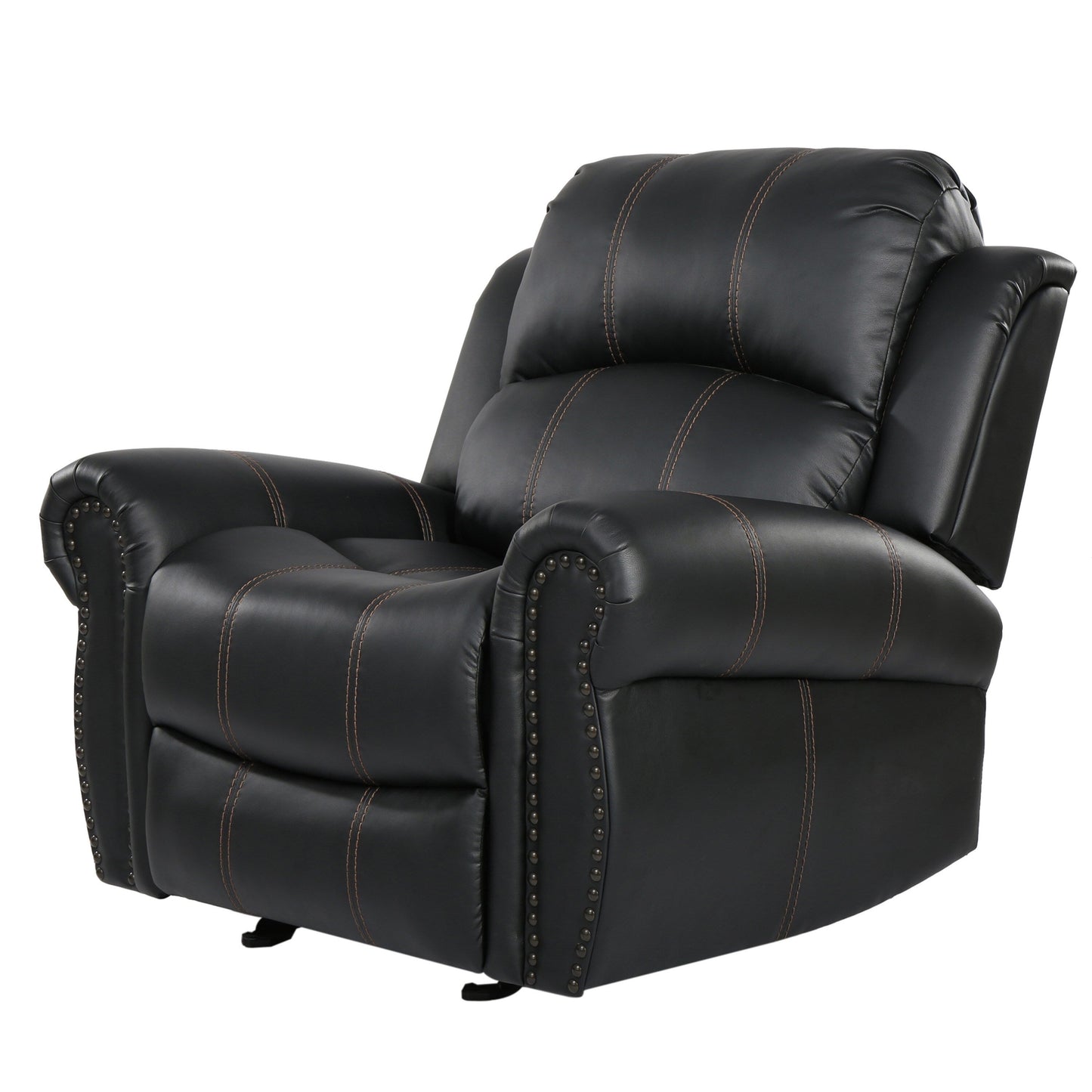 Fauteuil inclinable manuel, garniture cloutée, similicuir noir moelleux
