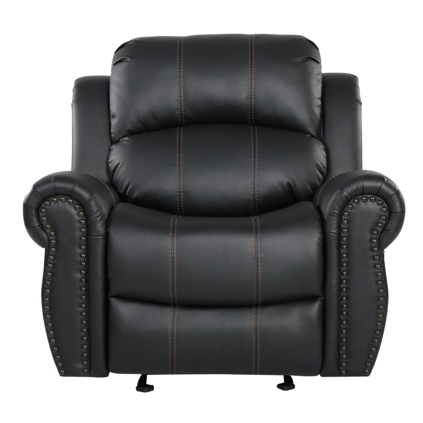 Fauteuil inclinable manuel, garniture cloutée, similicuir noir moelleux