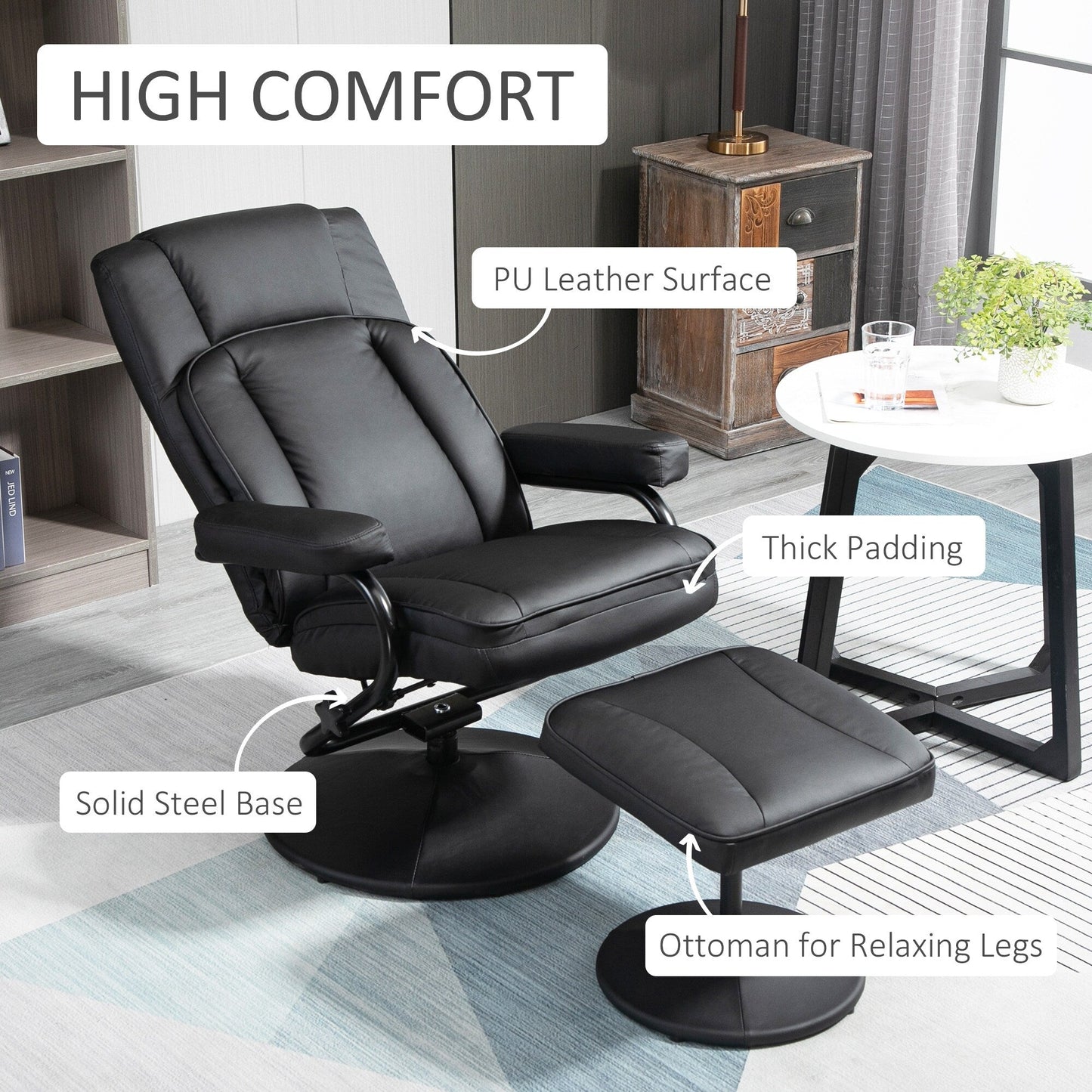 Fauteuil inclinable manuel en cuir synthétique avec base pivotante et repose-pieds, dossier réglable et rembourrage confortable pour la maison ou le bureau