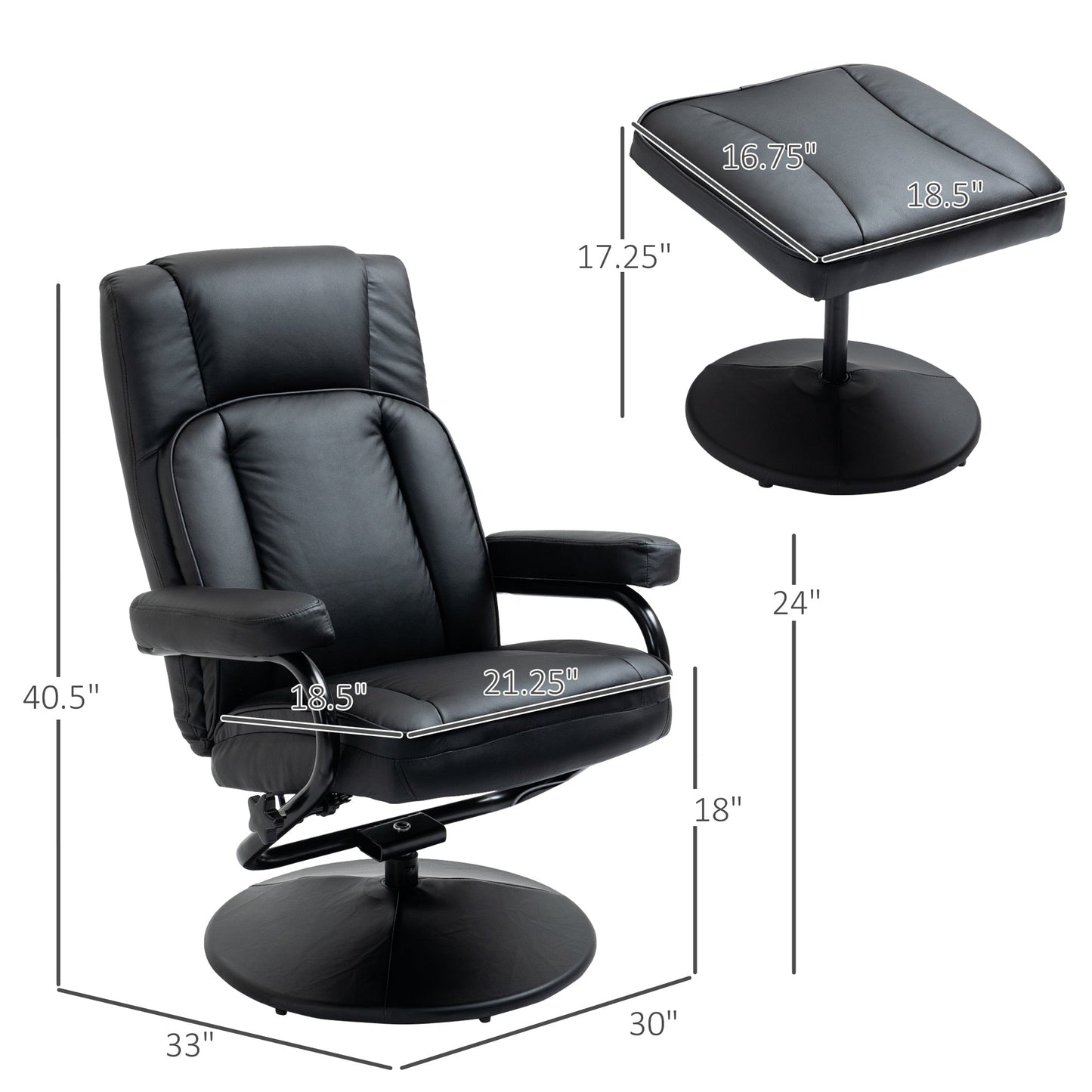 Fauteuil inclinable manuel en cuir synthétique avec base pivotante et repose-pieds, dossier réglable et rembourrage confortable pour la maison ou le bureau