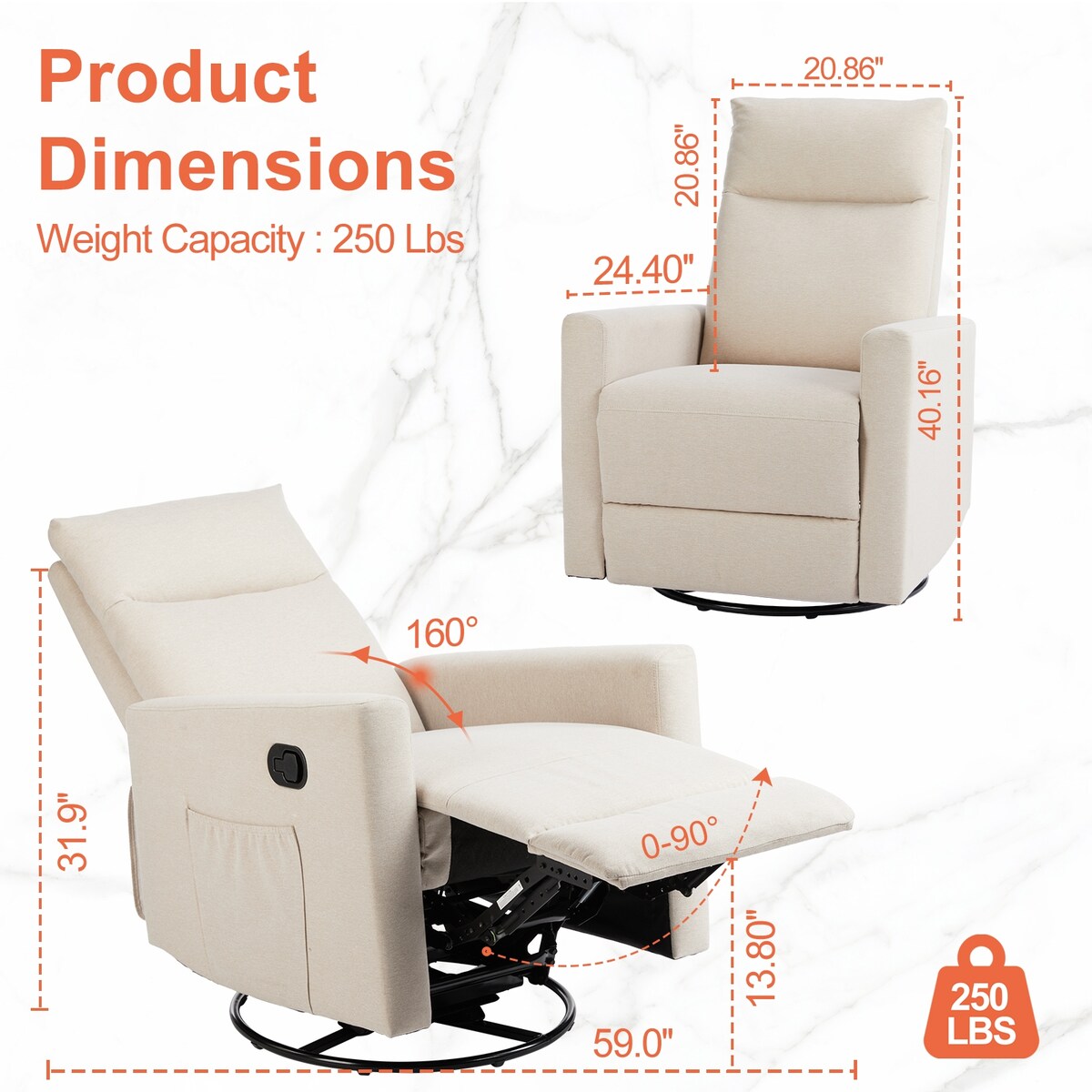 Fauteuil inclinable manuel Winback, canapé simple, beige