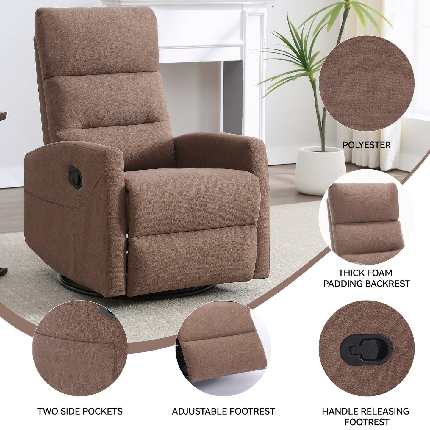 Fauteuil inclinable manuel pour adultes, pivotant à 360°, en tissu, avec accoudoirs carrés et dossier coussiné, pour chambre d'enfant