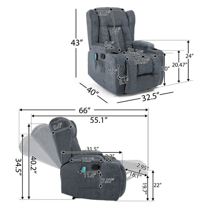 Fauteuil inclinable manuel avec 5 modes de massage, chauffage lombaire, deux porte-gobelets, télécommande et poche de rangement latérale