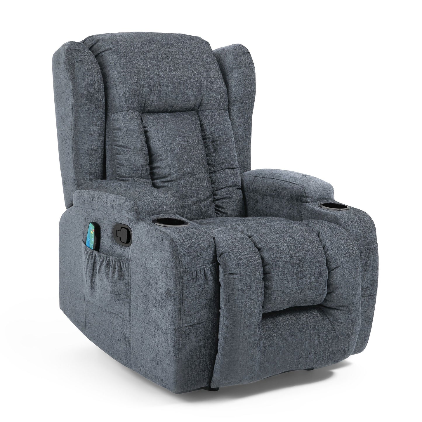 Fauteuil inclinable manuel avec 5 modes de massage, chauffage lombaire, deux porte-gobelets, télécommande et poche de rangement latérale