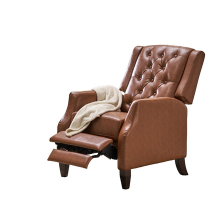 Fauteuil inclinable manuel, coutures diamant, bois de bouleau, similicuir marron