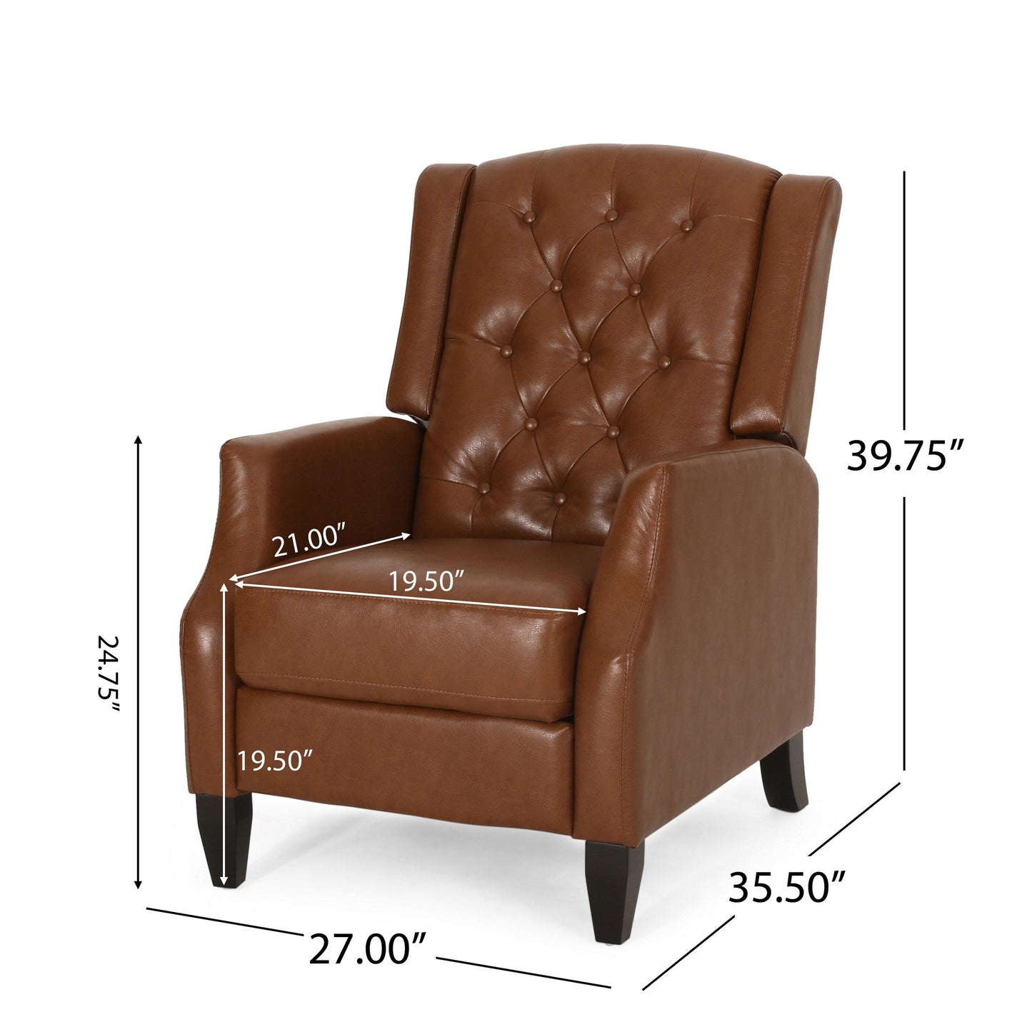 Fauteuil inclinable manuel, coutures diamant, bois de bouleau, similicuir marron