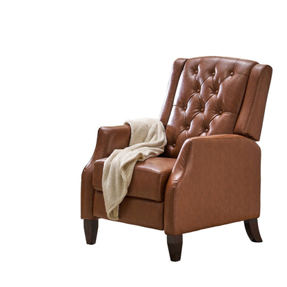 Fauteuil inclinable manuel, coutures diamant, bois de bouleau, similicuir marron