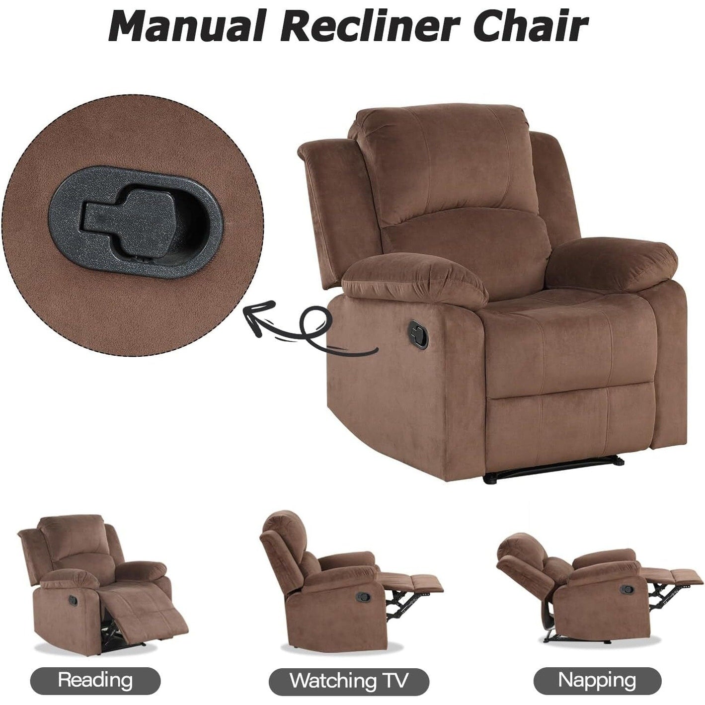 Fauteuil inclinable manuel, fauteuil inclinable simple rembourré en tissu doux pour salon et chambre à coucher