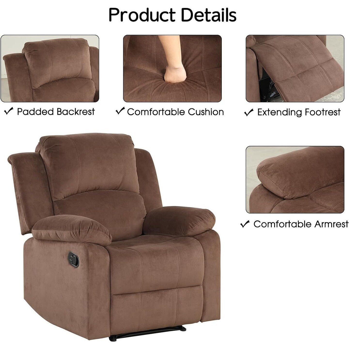 Fauteuil inclinable manuel, fauteuil inclinable simple rembourré en tissu doux pour salon et chambre à coucher