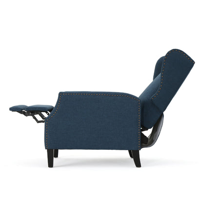 Fauteuil inclinable manuel, dossier à oreilles et garniture cloutée, polyester bleu marine