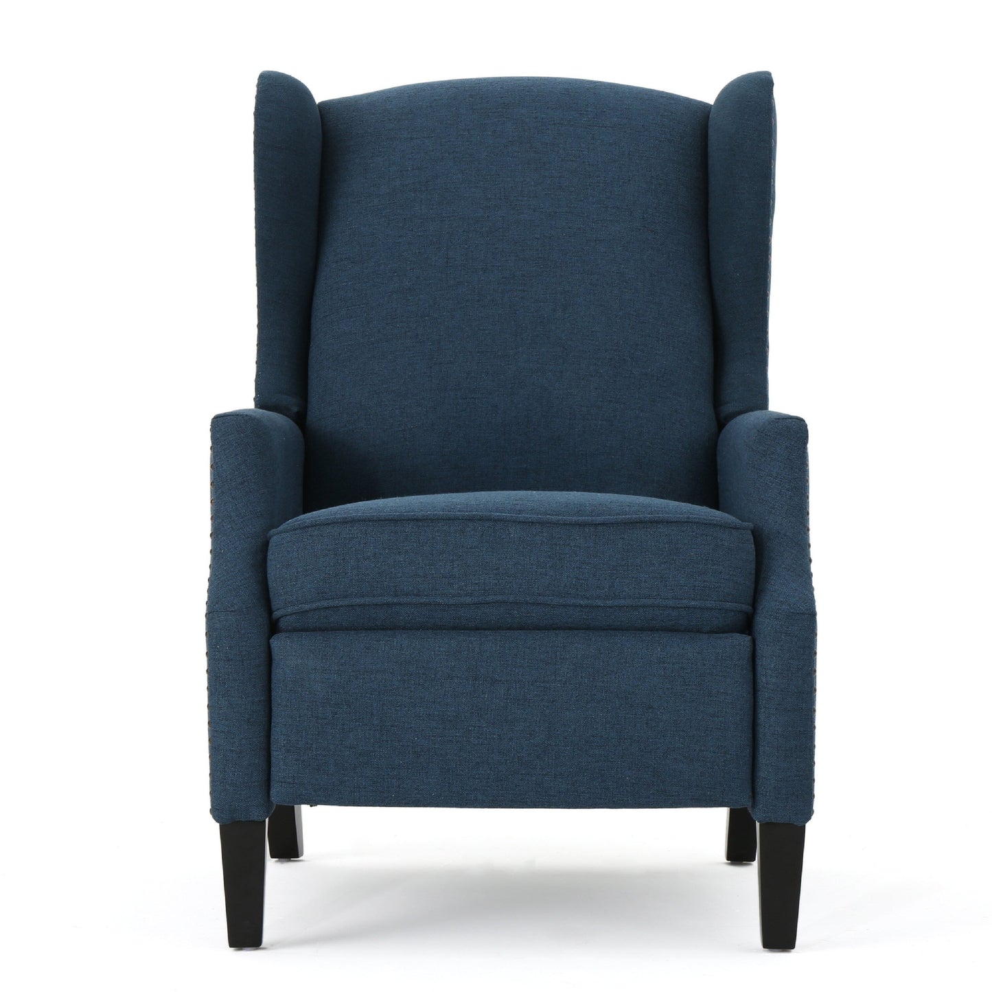 Fauteuil inclinable manuel, dossier à oreilles et garniture cloutée, polyester bleu marine