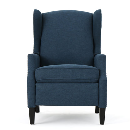 Fauteuil inclinable manuel, dossier à oreilles et garniture cloutée, polyester bleu marine