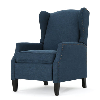 Fauteuil inclinable manuel, dossier à oreilles et garniture cloutée, polyester bleu marine
