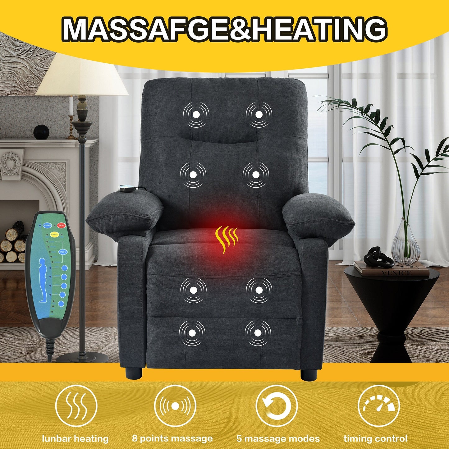 Fauteuil inclinable manuel avec massage chauffant, revêtement en tissu robuste et design portable pour une utilisation en salon
