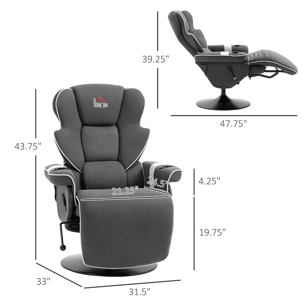 Fauteuil inclinable manuel, pivotant, avec repose-pieds et deux porte-gobelets pour salon, noir