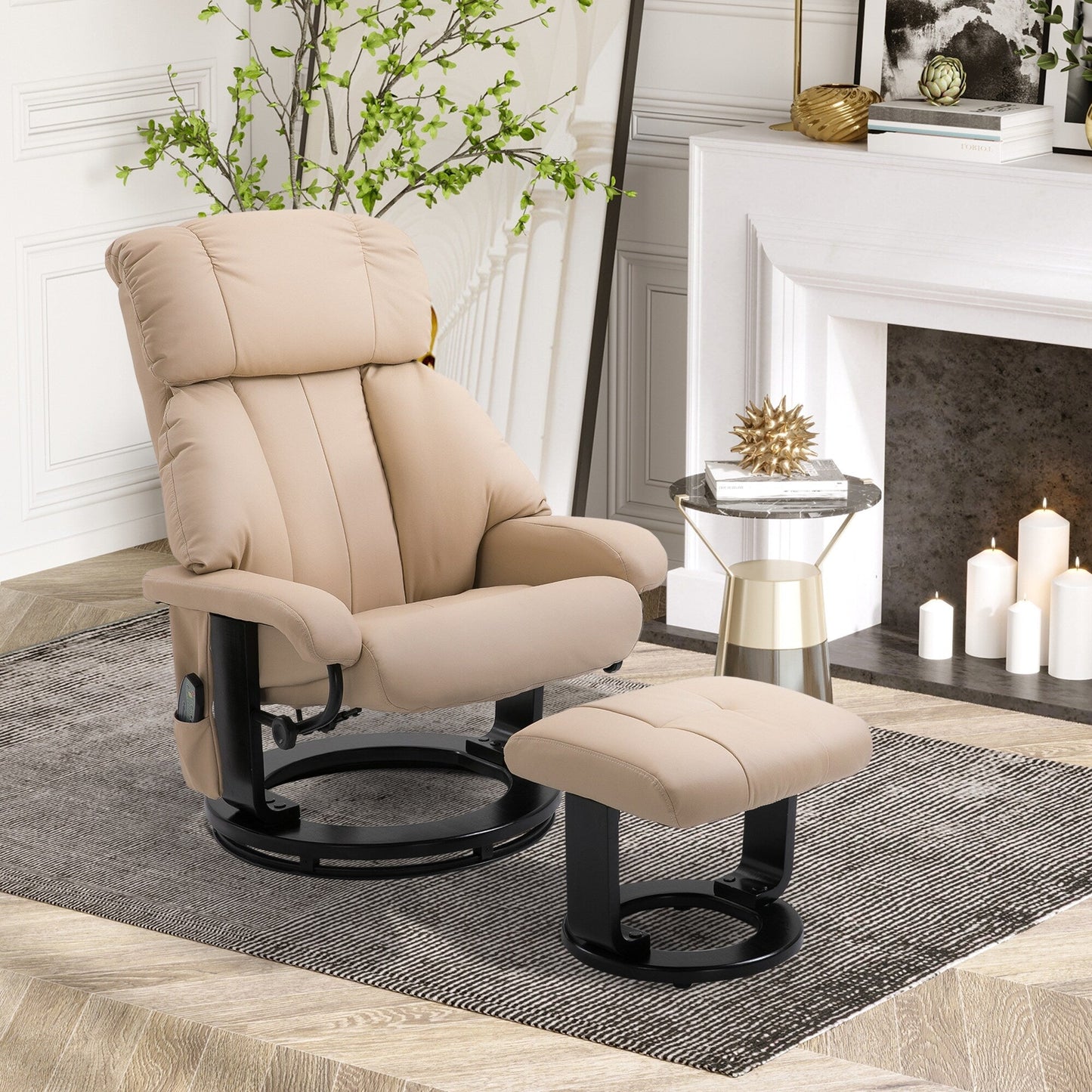 Fauteuil de massage inclinable manuel pivotant à 360° en cuir PU avec repose-pieds, vibration à 10 points, télécommande et poche latérale