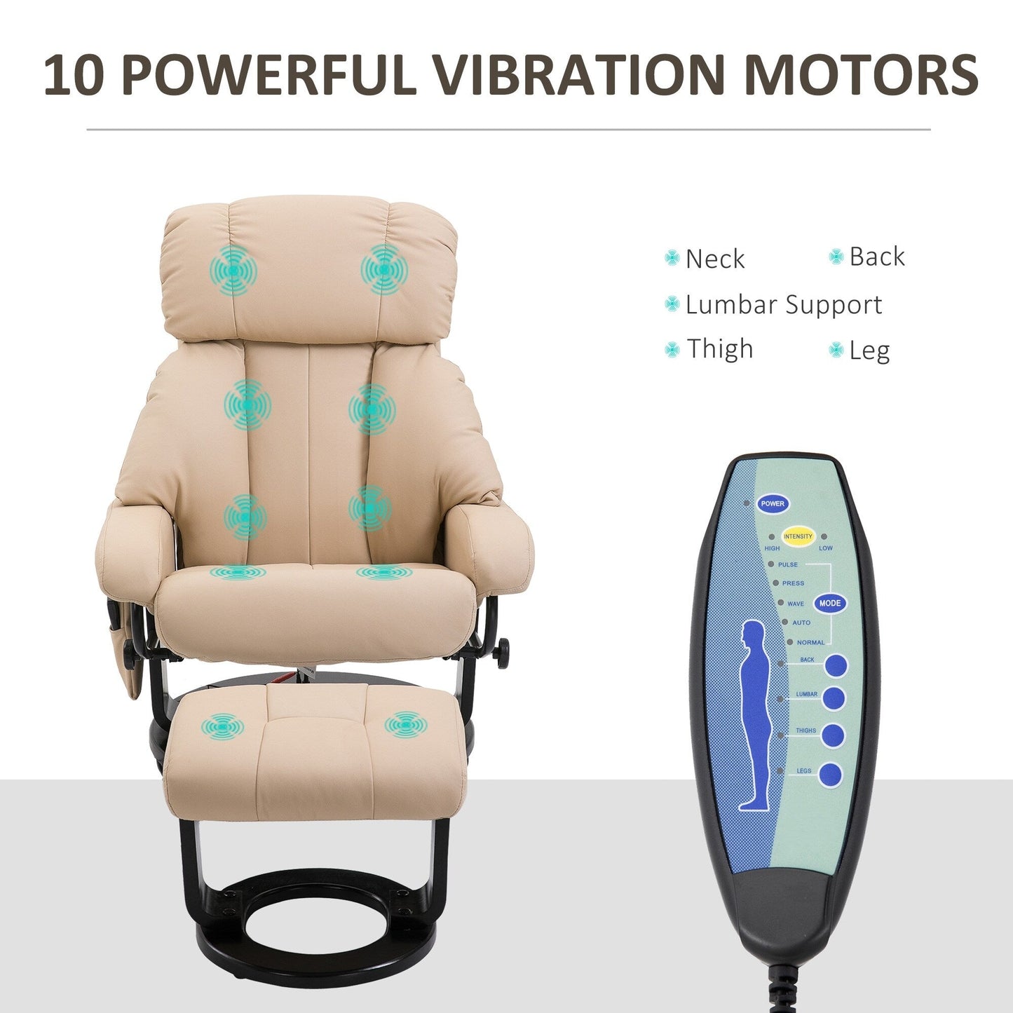 Fauteuil de massage inclinable manuel pivotant à 360° en cuir PU avec repose-pieds, vibration à 10 points, télécommande et poche latérale