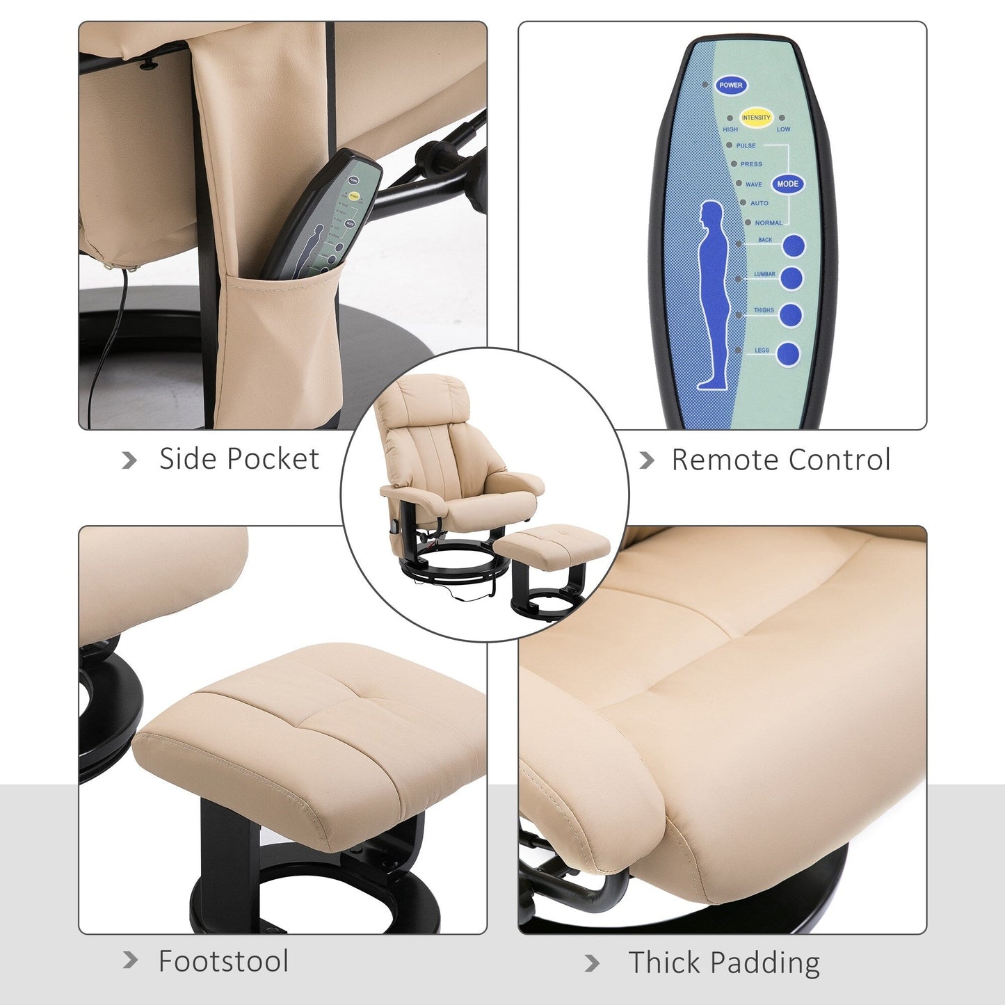 Fauteuil de massage inclinable manuel pivotant à 360° en cuir PU avec repose-pieds, vibration à 10 points, télécommande et poche latérale