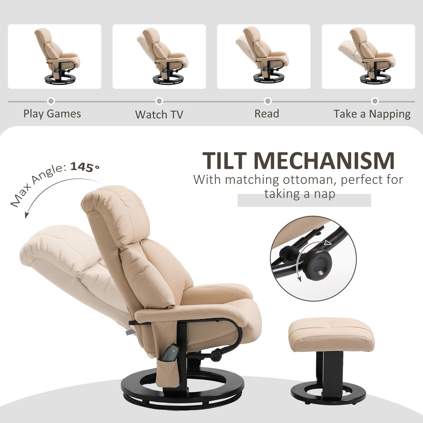 Fauteuil de massage inclinable manuel pivotant à 360° en cuir PU avec repose-pieds, vibration à 10 points, télécommande et poche latérale
