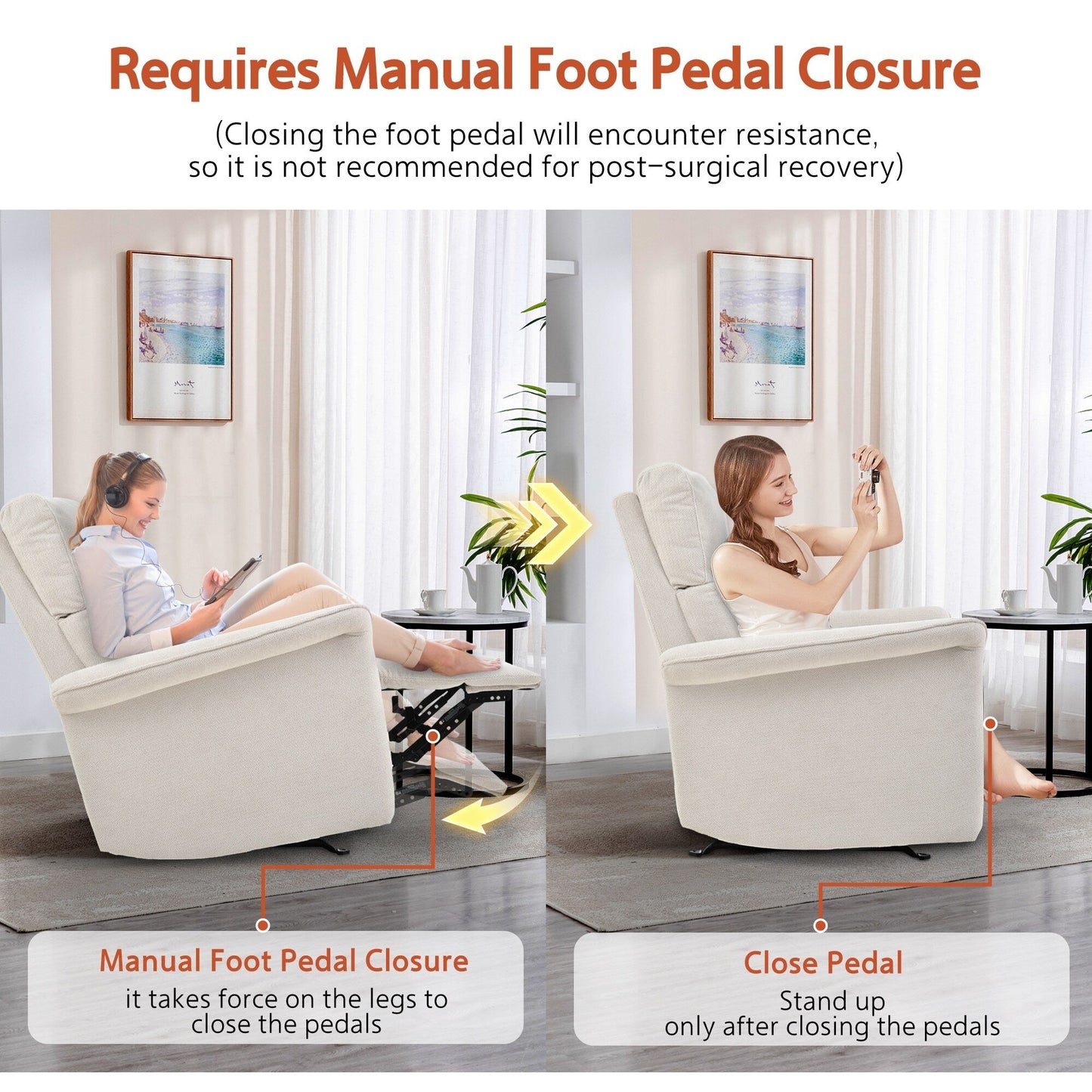 Fauteuil inclinable à bascule manuel pour adultes, fauteuil inclinable à bascule manuel, chaise de chambre d'enfant en tissu, fauteuil inclinable simple, accoudoirs larges