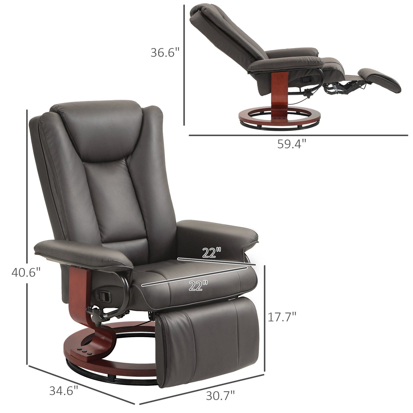 Fauteuil inclinable pivotant manuel en cuir synthétique, dossier réglable, chaise de lecture avec repose-pieds intégré