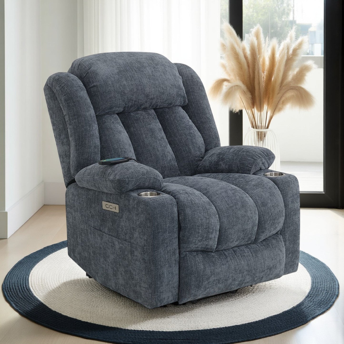 Fauteuil inclinable électrique Mario avec relevage, chauffage et massage, velours bleu