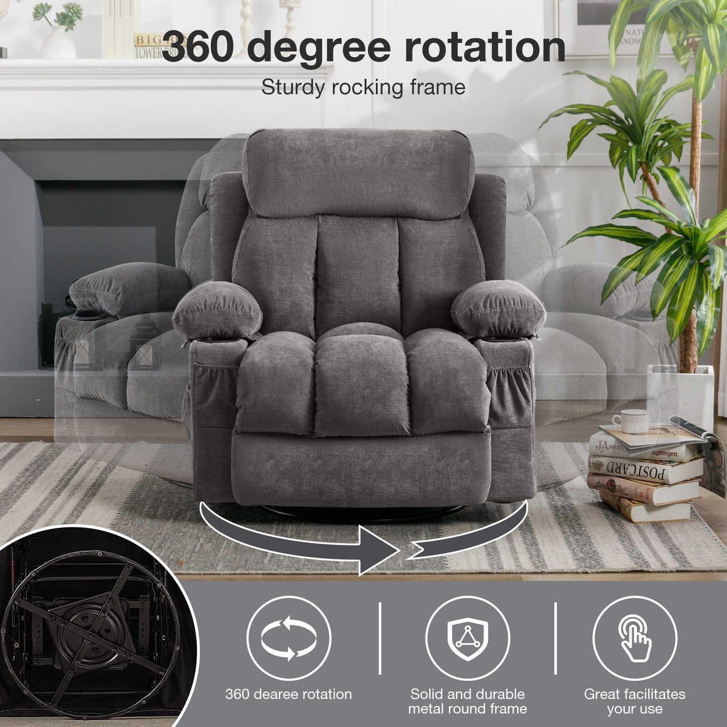 Fauteuil inclinable pivotant à 360°, chauffant, porte-gobelets et port USB