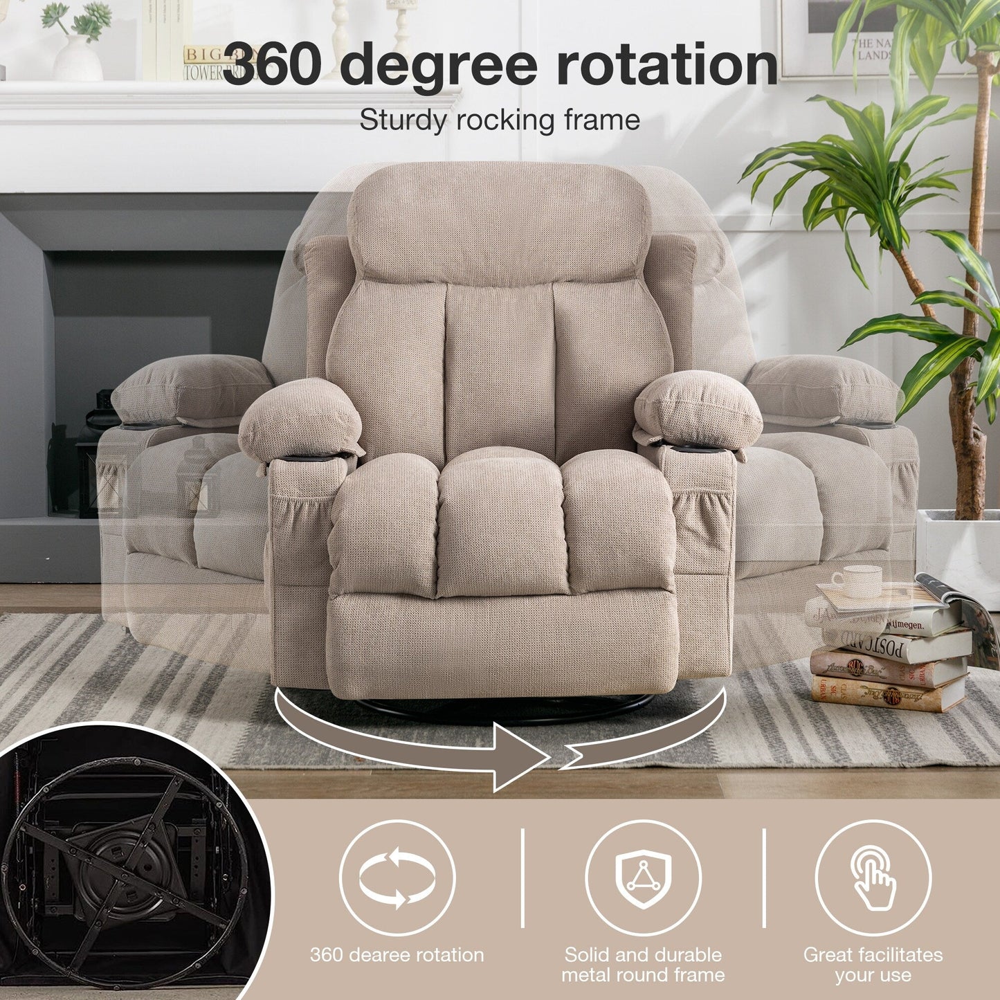 Fauteuil inclinable pivotant à 360°, chauffant, porte-gobelets et port USB